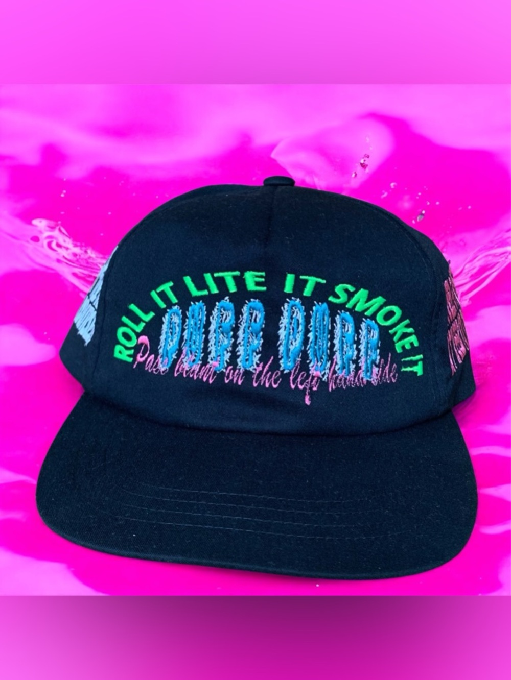 Black Embroidered Statement Snapback Hat – Multicolor Text